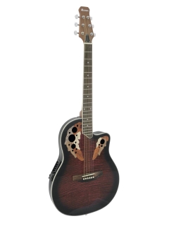 Dimavery OV-500, elektroakustická kytara typu Ovation, redburst žíhaná