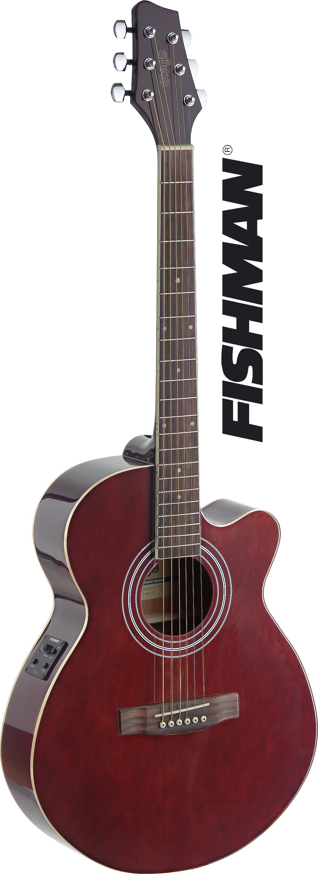 Stagg SA40MJCFI-TR, elektroakustická kytara typu Mini Jumbo, červená
